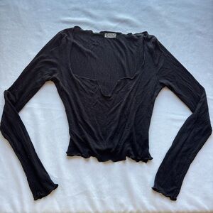 Free People Black Ribbed Scoop-Neck Long Sleeve Top